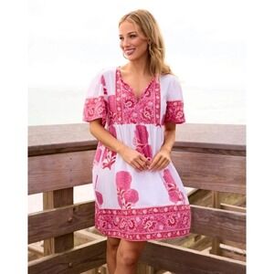 Sohana Block Print Mini Dress Womens Small Pink Floral Cotton Boho Resort Chic